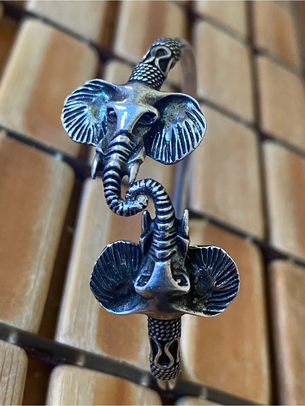 Double Elephant Head 925 Silver Bangle Bracelet